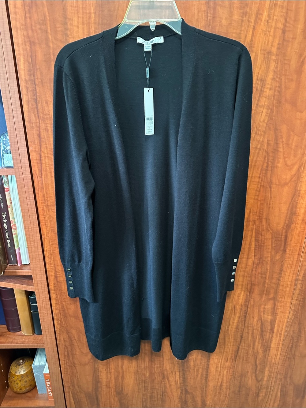 Chico's Black Open-Front Long Cardigan Dustet with Cuff Button Detail Size 1 NWT